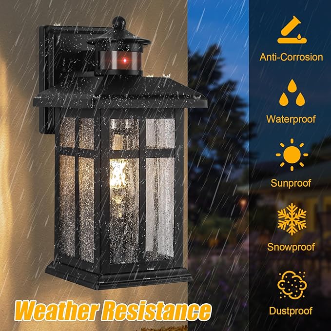 Motion Sensor Outdoor Wall Lights 2 Packs- Updated Dusk to Dawn Outdoor Lighting, Exterior Light Fixtures with E26 Sockets & Tempered Glass, Wall Mounted Black Waterproof Outdoor Lights for House