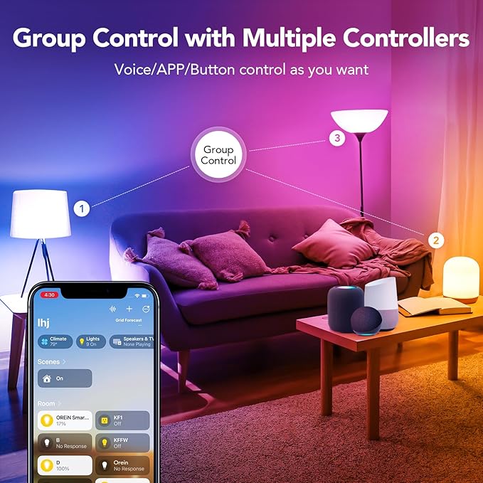OREiN Matter Smart Light Bulb, Smart Light Bulbs with Remote Control Work with Apple Home, Alexa, Google Home, SmartThings, Color Changing Light Bulbs 2.4Ghz WiFi, 800 Lumens Equivalent 60W 6Pack