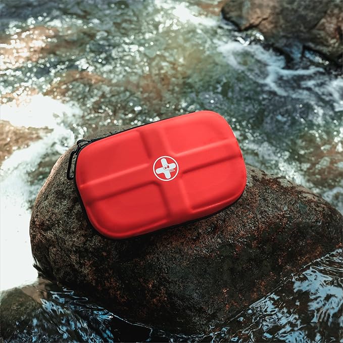 RHINO RESCUE EVA First Aid Kit, Small Waterproof Portable Emergency Hiking First Aid Kit for Backpacking, Medical Kit for Travel, Home, Car, College Dorm, Camping, Boat, Back to School (Red)