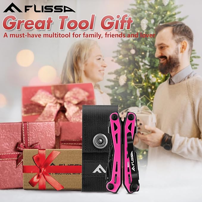 FLISSA 16-in-1 Pink Multi Tool Pliers, Gifts for Men, Stainless Steel EDC Multitool with Pocket Knife, Belt Clip and Oxford Pouch, for Camping Survival Outdoor Activities