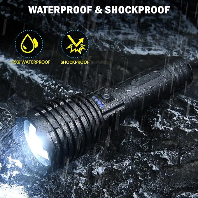 Flashlights 5000.000 High Lumens, Super Bright Rechargeable Flash Light, Powered by Battery, Waterproof Powerful LED Flashlights-Zoomable 5 Modes-31H Runtime-Holster for Emergency Camping