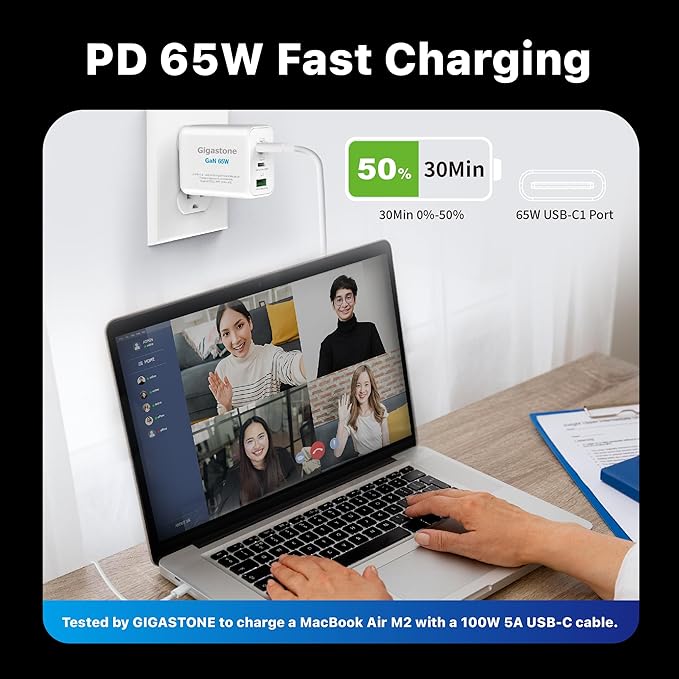 Gigastone 65W USB C Charger GaN Power Pro PPS Multiple Port Intelligent Power Allocation, Compact Foldable Plug Travel, Full Speed GaN Charger MacBook Air/Pro Dell XPS iPad iPhone 16/15 Galaxy S24