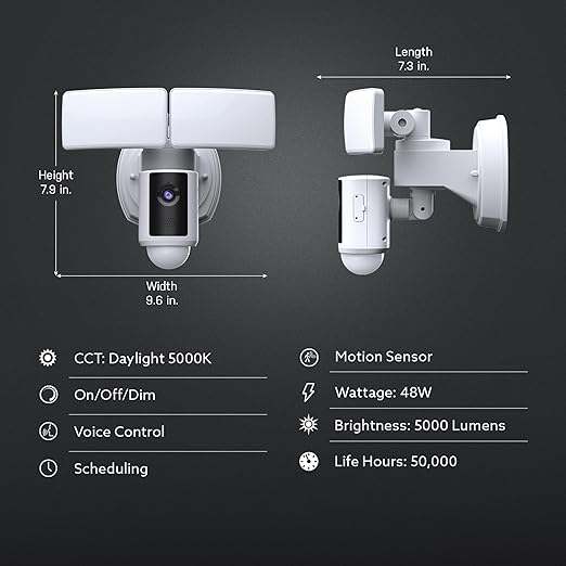 Feit Electric SEC5000/CAM/WIFI Outdoor LED Smart Security Camera with Motion Sensor, 2-Way Audio, 5000 Lumens Floodlight, Works with Alexa and Google Asst, Alarm, Hardwired, Updated Version of SEC3000