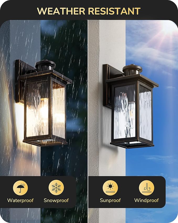 EDISHINE Motion Sensor Outdoor Wall Lights, Dusk to Dawn Exterior Lighting Fixtures, Front Porch Light with Clear Water Ripple Glass, Outdoor Wall Lantern for House, Garage, Black