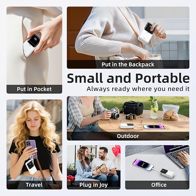 PD 30W Fast Charging Portable iPhone Charger 10 000mAh Mini Size Power Bank with Built in USB C & Lightning Cable, LED Display, Travel Battery Pack for iPhone 16/15/14/13 Series Samsung etc