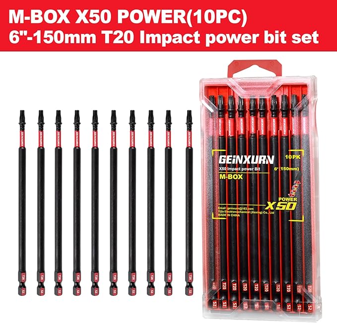 10Pieces 6 In. T20 Impact Tough Magnetic Screwdriver Bit Set, #20 Torx Head Power Bits, S2 Alloy Steel Star Bits with Storage M-Box