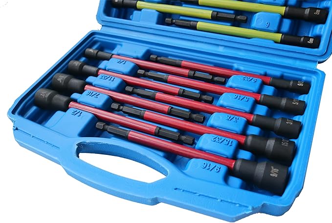 18Pcs Magnetic Nut Driver Set,Impact Power Hex Extra Long Nut Driver Drill Bit Master Kit | SAE & Metric | 1/4 Inch Hex Shank | Cr-V Steel