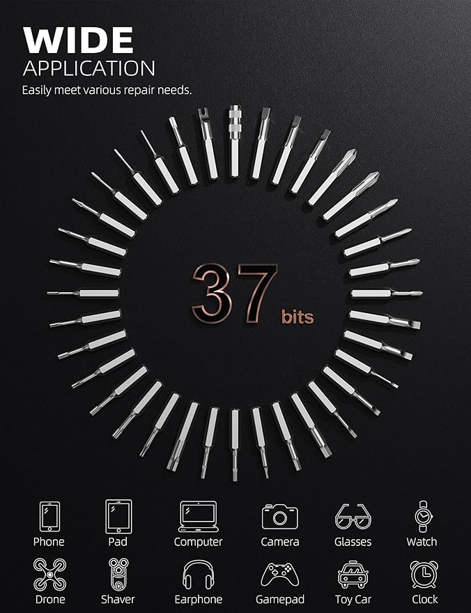 Mini Electric Screwdriver Set, 37 Self-Magnetic Bits, Dual Mode Electric/Manual, 3.7V Rechargeable, Max 3 N.m Torque, Clip Storage Case, Repair Tool for Phone Laptop Camera Watch Computer- Grey
