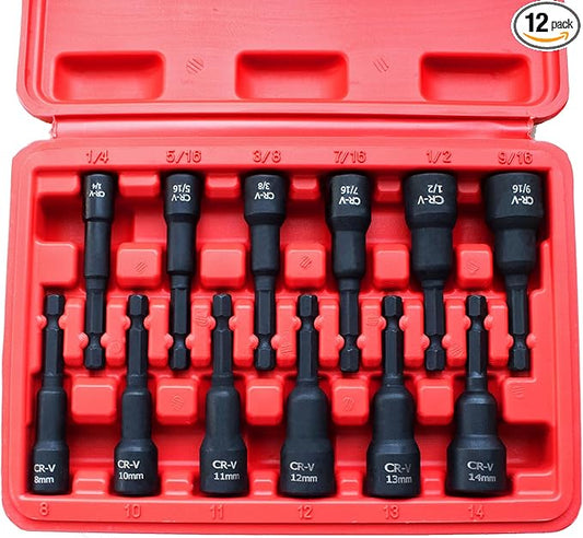 12Pcs Magnetic Nut Driver Set,Impact Power Hex Nut Driver Drill Bit Master Kit, SAE & Metric, 1/4-Inch Quick-Change| Cr-V Steel