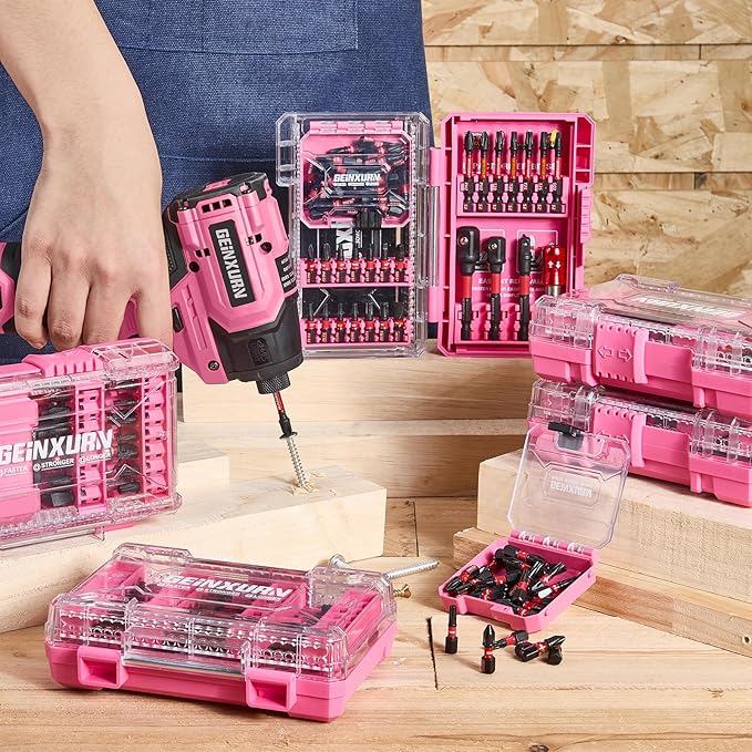 48Pieces Impact Screwdriver Bits Set, Magnetic S2 Steel Phillips/Slotted/Square/Torx Insert Power Bits Tips, Impact Bit Holder with Pink Storage Box Case
