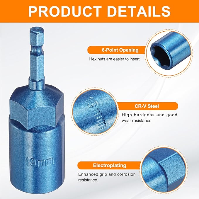 HARFINGTON Nut Driver 19mm Hex Drive Socket CR-V Steel Power Screw Drill Bits Socket Wrench Tools with 1/4" Quick Change Hex Shank for Power Drills Impact Drivers, Blue