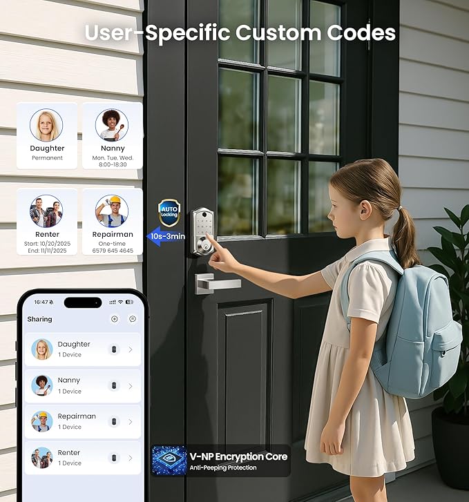 Veise VE017 Fingerprint Smart Door Lock, App Control, 7-in-1 Keyless Entry, Auto Lock, Emergency Power Port, Electronic Touchscreen Keypad, Biometric Smart Locks for Front Door, Satin Nickel