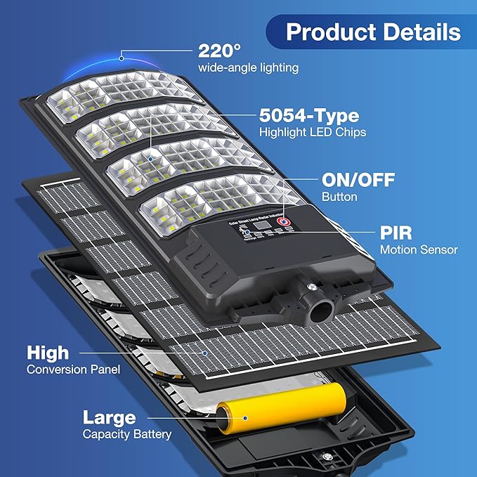 Sunwish Solar Lights Outdoor Waterproof–6500K LED Street Lights with Motion Sensor & Remote, Dusk to Dawn Flood Lights, Wide Angle Illumination Solar Parking Lot Lights for Yard, Patio, Garage