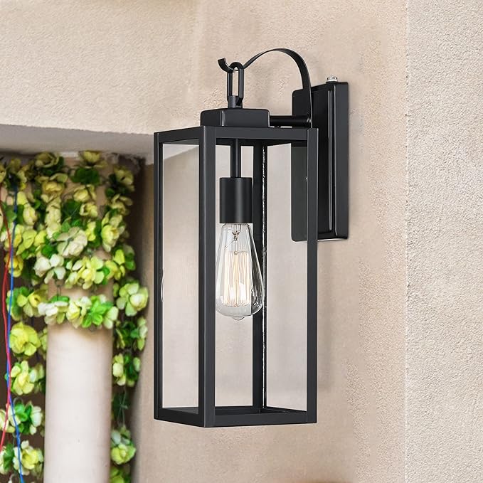 Pia Ricco Large Size Outdoor Wall Lights, Dusk to Dawn Matte Black Exterior Light Fixture with Clear Glass Shade, Waterproof Front Porch Lighting, Modern Sconces Lantern for House, Garage, ETL Listed