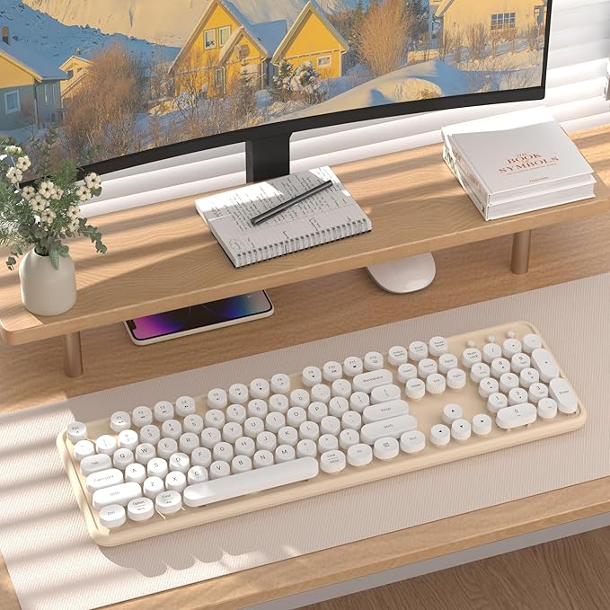 Colorful Wireless Bluetooth Keyboard, 2.4G & Dual Bluetooth Multi-Device, Typewriter Retro Round Keycaps 104 Keys Full-Size for PC Laptop Tablet Phone (White Milk-Tea)