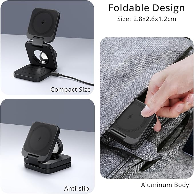 3-in-1 Wireless Charger Stand, LULULOOK 15W Magnetic Charger Wireless Fast Charging Station for iPhone 16/15/14 Series, Aluminum 5W Charger for Apple Watch, AirPods, USB-C Charging Cable Included