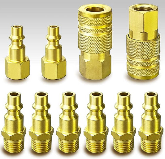 1/4" NPT Solid Brass Air Coupler and Plug Kit,Air Compressor Fittings, Air Compressor Hose Kit, 10pcs Air Line Fittings Quick Connectors