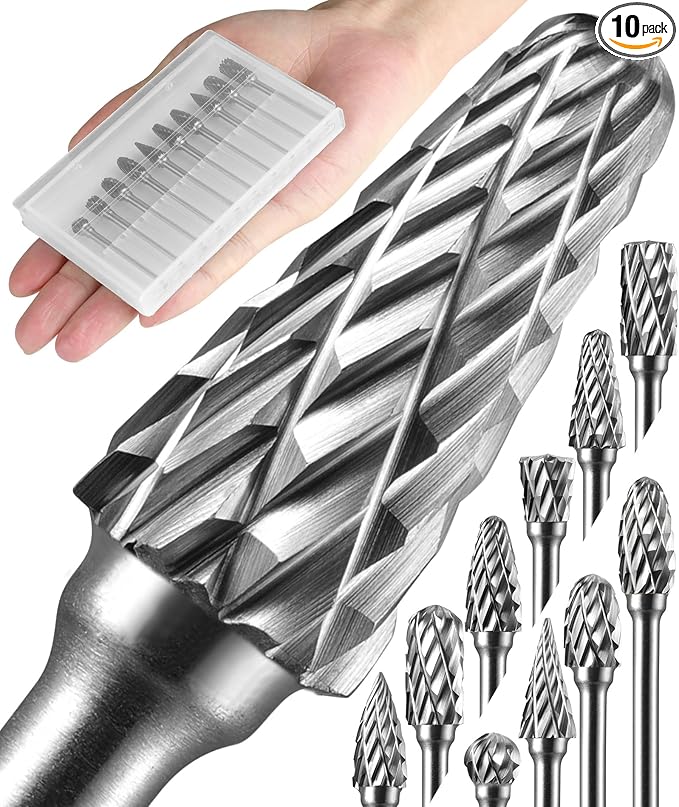 10 Pcs Carbide Burr Set 1/8" Shank Compatible with Dremel Bits Rotary Tools Attachment Kit Rasp Drill File Accessories Metal Wood Stone Steel Grinding Carving Cutting Polishing Engraving