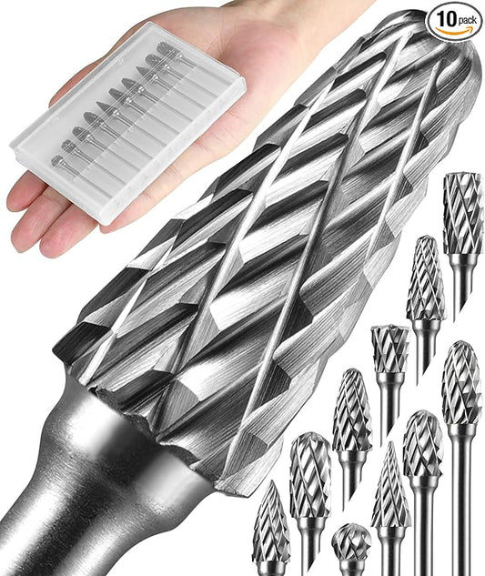 10 Pcs Carbide Burr Set 1/8" Shank Compatible with Dremel Bits Rotary Tools Attachment Kit Rasp Drill File Accessories Metal Wood Stone Steel Grinding Carving Cutting Polishing Engraving