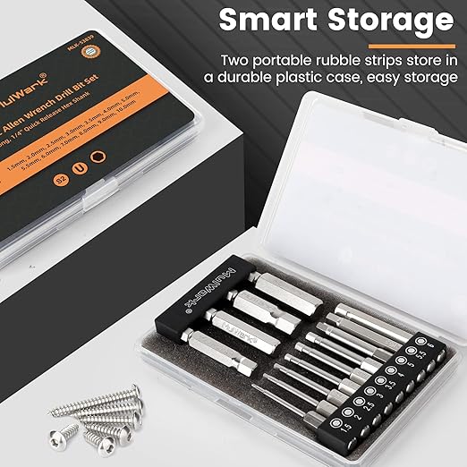 MulWark Hex Head Allen Wrench Drill Bit Set 13pcs Precision Metric S2 Steel – Magnetic Bits with Corrosion Resistance 1/4" Allen Key Bit Set