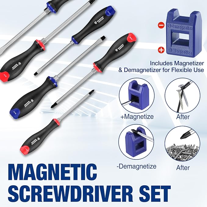 WORKPRO Magnetic Screwdriver Set 11-Piece, Screw Driver Set Kit with Wall Mount Rack, Includes Slotted & Phillips Screwdrivers, Magnetic Screwdriver with Magnetizer Demagnetizer Tools