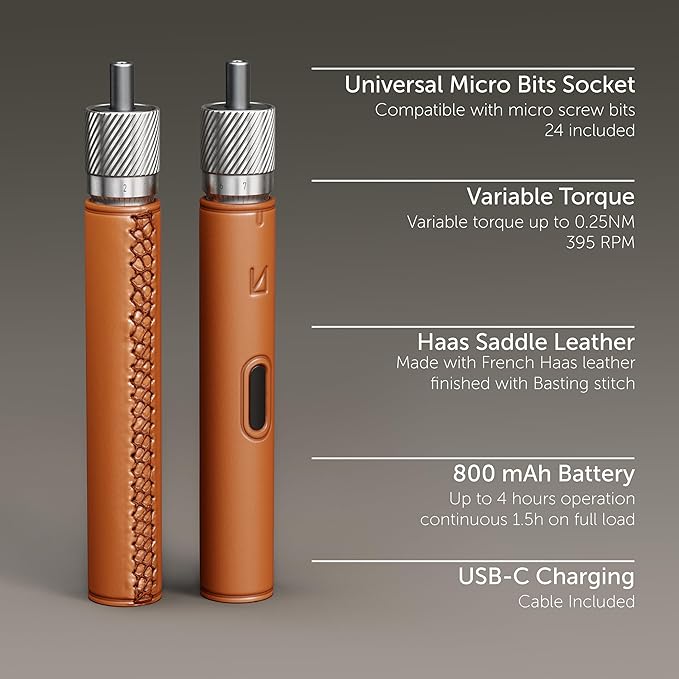 Lunar Artefacts Precision Electric Cordless Rechargeable Black Leather and CNC Aluminum Screwdriver with 24 Magnetics Bits and Easy Storage Toolbox