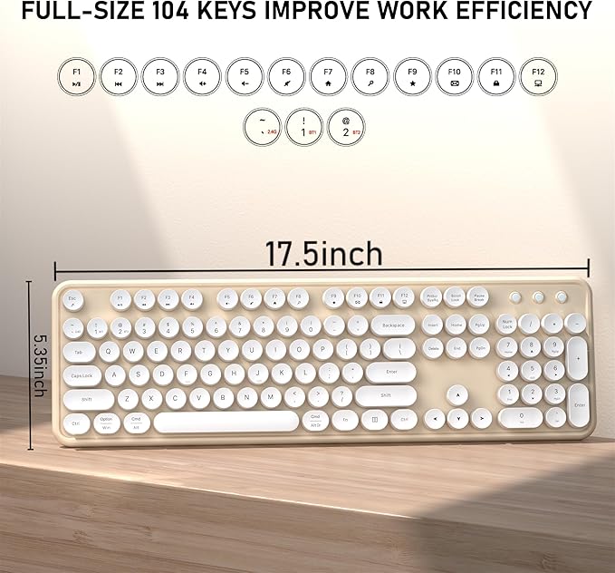Colorful Wireless Bluetooth Keyboard, 2.4G & Dual Bluetooth Multi-Device, Typewriter Retro Round Keycaps 104 Keys Full-Size for PC Laptop Tablet Phone (White Milk-Tea)