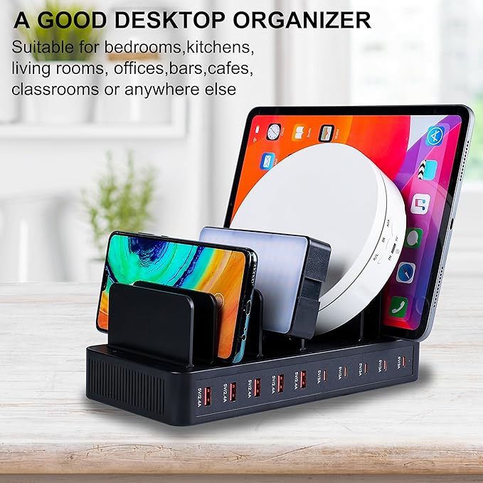 100W 10-Port Smart Charging Station | 5 USB-A & 5 USB-C Ports | Organized Design for Cellphones, Tablets, Watches & More (Black)