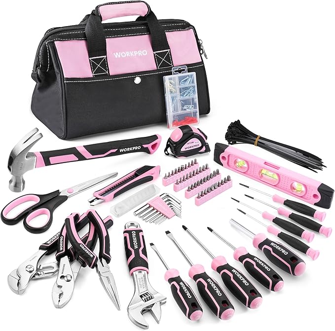 WORKPRO Pink Tool Set, 277 PCS Home Repairing Tool Kit, Pink Tool Bag with 13-Inch Wide Mouth Open Storage Bag, Portable Home Tool Kit Including Hammer, Screwdriver, and Household Tools - Pink Ribbon