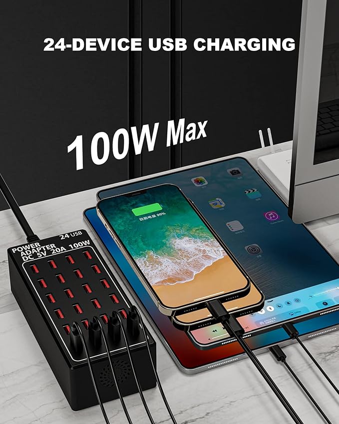 24-Port 100 watt (20 A) USB Charging Station, Travel Desktop USB Rapid Charger, Multi Ports Fast Charger Station Organizer Compatible with Smartphones, Tables, and More Devices