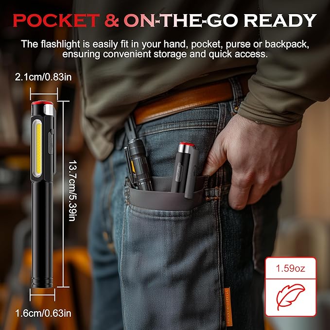 Pen Light Flashlight, 800 Lumens LED Pen Flashlights Rechargeable 6 Modes COB Magnetic Flashlight with Clip Bright Pocket Flashlights Work Light Portable Waterproof Durable Penlight for Nurse