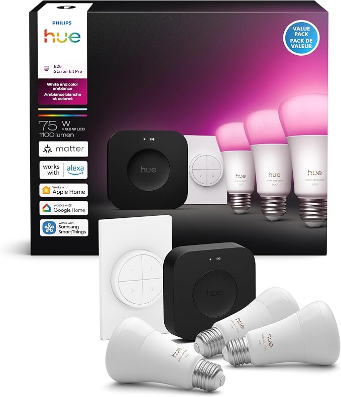 Philips Hue Starter Kit: Bridge Pro + 3 A19 E26 Smart Bulbs + Tap Dial Switch, White and Color Ambiance, Smart Light Hub, Works with Voice