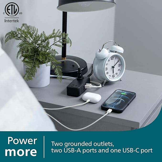 Philips 2-Outlet Extension Cord, 1 USB-C, 2 Type-A Ports, Braided Extension Cord with Multiple Outlets, Flat Plug Power Strip, Power Strip with USB Ports, ETL Listed, Black, SPS3564B/37