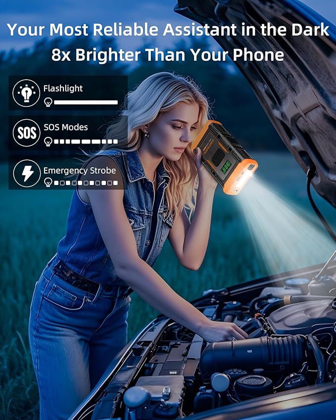 ASPERX Jump Starter with Air Compressor,γUpgrade & Safety Certsγ10L Gas/8L Diesel(Almost All Cars) 12V Jumper Box Car Battery Jumper Starter Portable with Tire Inflator, Jumper Cables, Display & Light