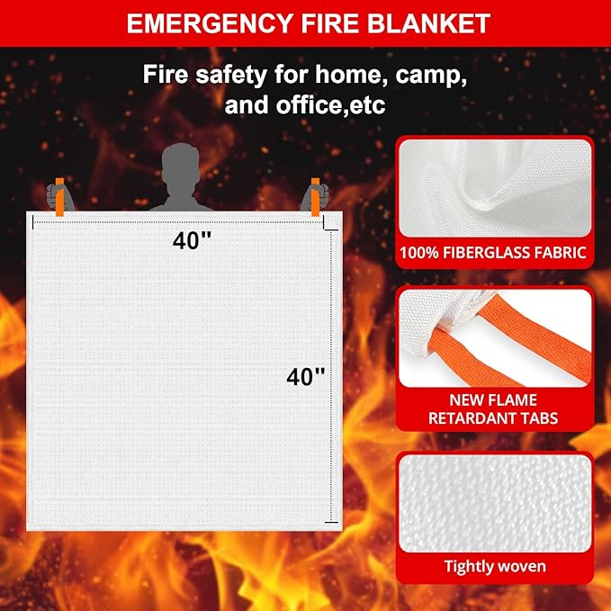SecuCaptain Emergency Fire Blanket for Home Kitchen - 2 Pack 40"x40" Flame Suppression Fiberglass Fire Blankets for House Camping Car Office Warehouse Survival Safety
