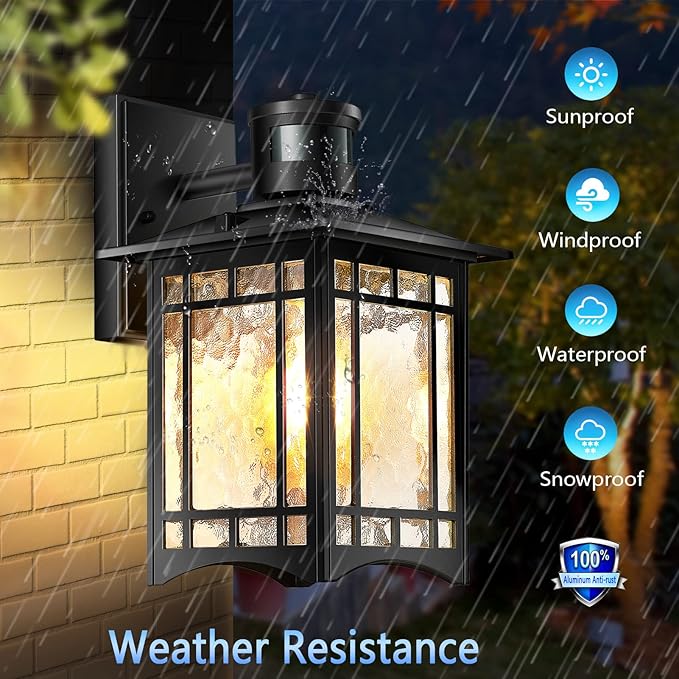 2 Pack Motion Sensor Outdoor Wall Lights, Dusk to Dawn Lighting, Led Exterior Light Fixture, Anti-Rust Lantern for Front Porch, Waterproof Black Outdoor Wall Sconce for House Garage Patio