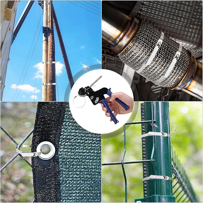 Stainless Steel Cable Tie Gun Kit with 150PCS Metal Zip Ties (Heavy Duty Outdoor) – Heavy Steel Cable Tie Tool, Industrial Scissors & Gloves – Chain Link Fence Parts, Durable Stainless Zip Ties
