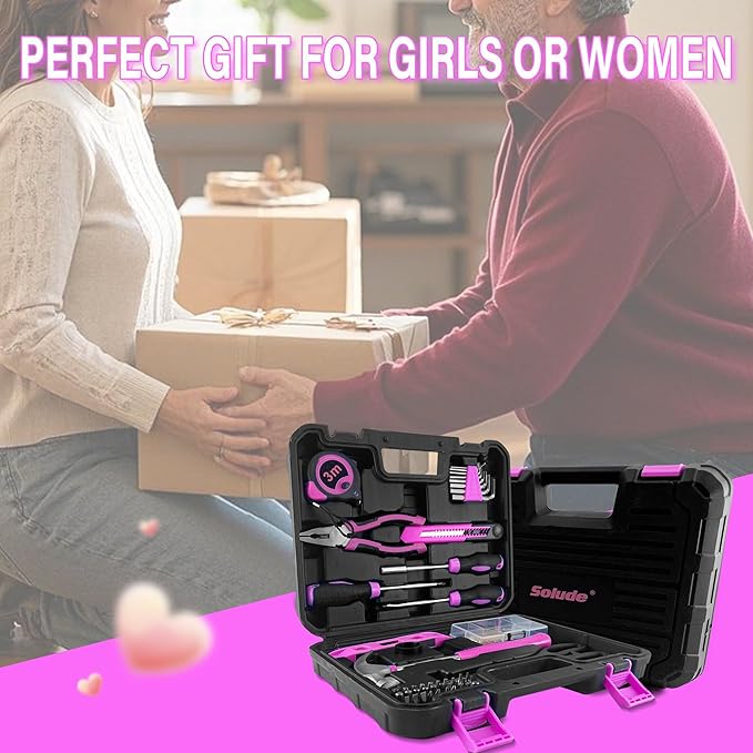 SOLUDE Pink Tool Set,102-Piece Home Pink Tool Kit for Women with Storage Case, Basic Household Tool Set for Apartment,Office,College Dorm & DIY Projects