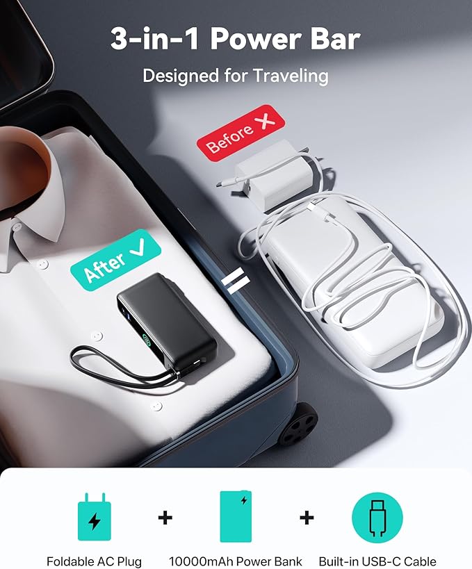 INIU 3-in-1 Portable Charger, Small 10000mah 30W Fast Charging Power Bank with Built-in USB C Cable and Foldable AC Plug, Flight Cruise Ship Travel Phone Charger for College Students Boys Girls, Pink