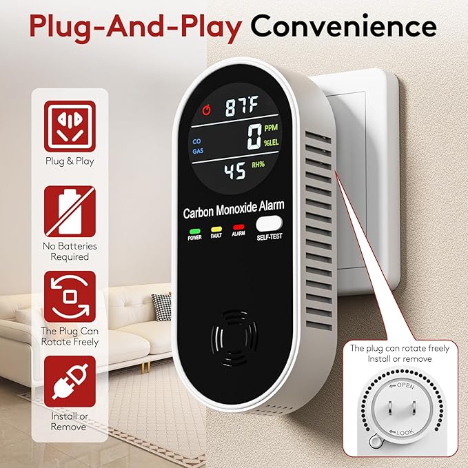 4 in 1 Plug in Natural Gas Leak & Carbon Monoxide Detector withTemperature & Humidity for Home, Kitchen, RV (2 Packs)