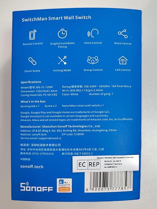 SONOFF Matter Smart Light Switch, 2.4GHz WiFi Light Switch, Neutral Wire Required Interruptor Inteligente, Alexa Light Switch Compatible with Alexa and Google Home, 1 Gang M5-1C-120W