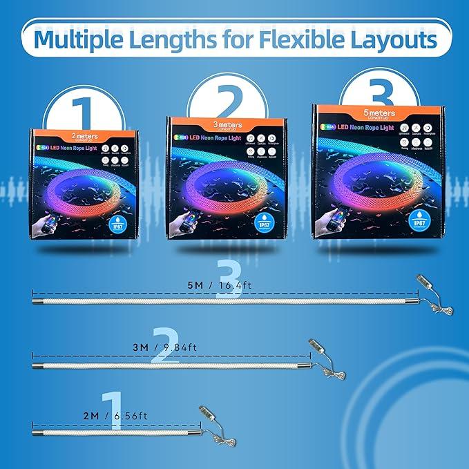 16.4ft Neon LED Rope Lights, 360 Led Light Strip Waterproof Strip with Music Sync,Remote & APP Control,USB-Powered Flexible Lighting for Indoor/Outdoor Gaming Room,Bedroom, and Wall Decor