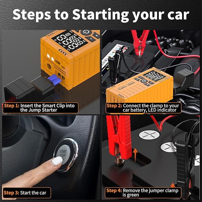 Jump Starter with Air Compressor, Battery Jumper Starter Portable(9.0 Gas/6.5L Diesel) with Tire Inflator, 12V Car Battery Jump Starter with Smart Jumper Cables, LED Light, LCD Display