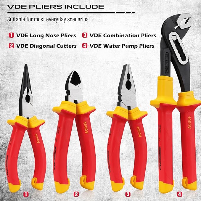 Insulated Screwdriver & Pliers Set: 14-Piece VDE Insulated Set 1000V Insulated Electrician Tool Set with Magnetic Phillips, Slotted Screwdrivers and Insulated Pliers