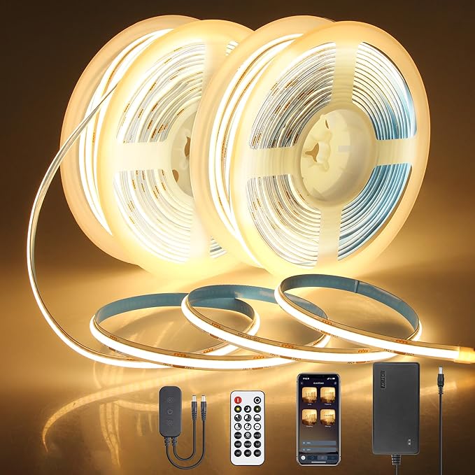 131.2FT 24V COB Led Strip Lights 3000K Dimmable LED Light Strips with Remote Warm White 480LED/M Hight Density Flexible COB LED Tape Light for Bedroom Cabinet Stairs Corridor(40M/2roll)
