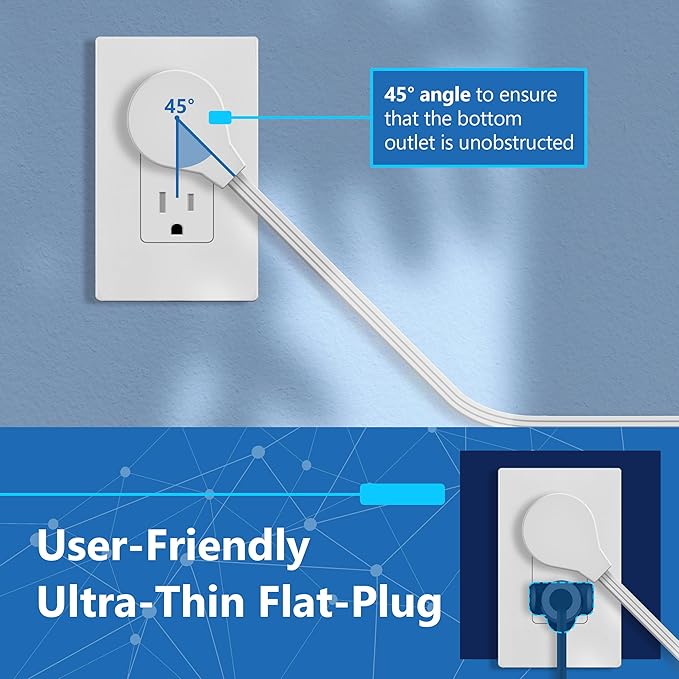 LIDER Outlet Extender with 3 Receptacles, USB Type-A, and 2 USB Type-C Port, Ultra-Thin Flat-Plug with Cord Extender, 3-Outlet Power Strip, Slim Angled Design, 5ft Cord, UL-Listed, White, 2 Pack