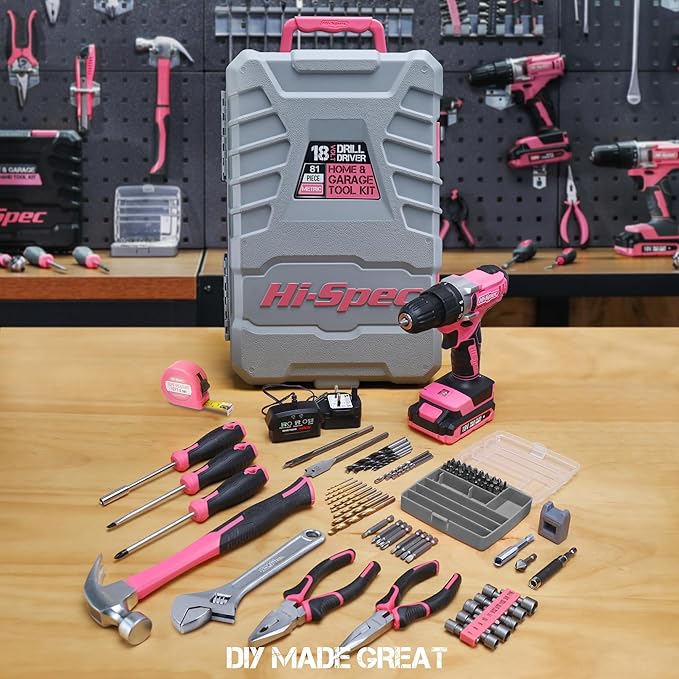 Hi-Spec 81pc Pink 18V Cordless Power Drill Driver.Complete Home & Garage Hand Tool Kit Set for DIY