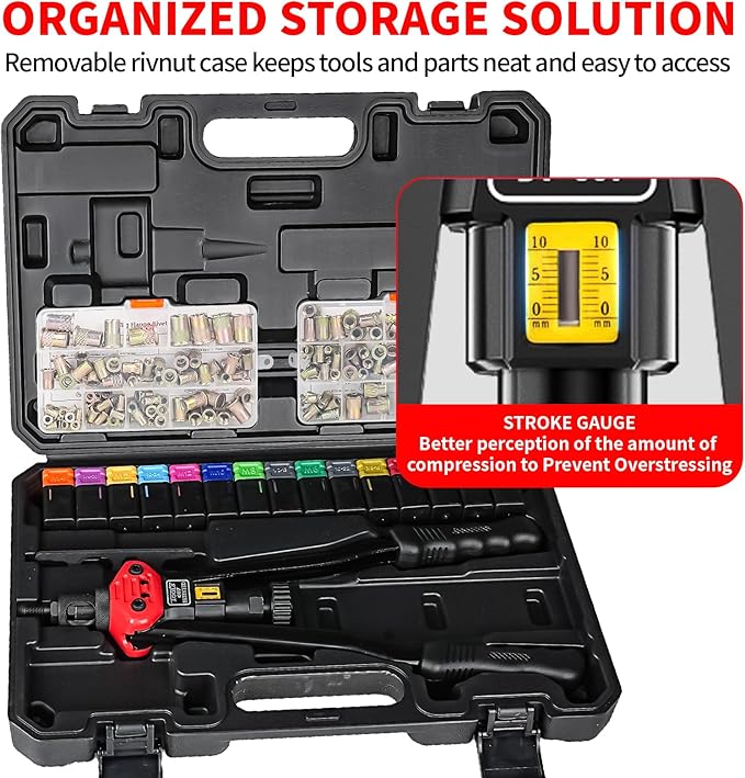 Rivet Nut Tool Kit, 16-Inch Rivnut Tool with 15 Metric & SAE Mandrels and Rivet Nut Gun, 200pcs Rivnut Tool Kit Assortment, Nutsert Tool Kit with Carrying Case