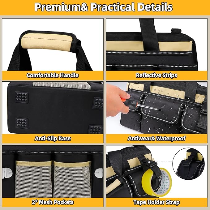 15 Inch Heavy Duty Tool Tote Bag with 24 Pockets, Wide Open Mouth Tool Box Organizer Case with Shoulder Strap, Portable Electrician Tool Kit Storage Carrying Pouch with Lockable Zipper (Khaki)