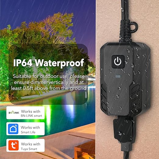 BN-LINK Smart Dimmer Plug, WiFi Outdoor Dimmer for String Lights, LED, Filament, Halogen lamp, APP Remote Control and Google Assistant, Alexa Outdoor Smart Plug, Requires 2.4 GHz Wi-Fi, Waterproof